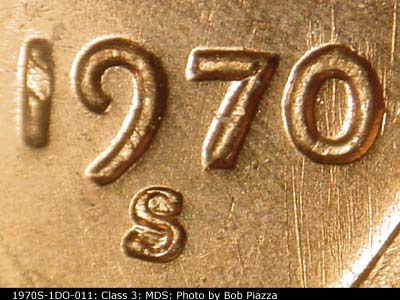 Die-stage B marker on 1970S•1DO•011 (1970 Doubled Die Obverse).