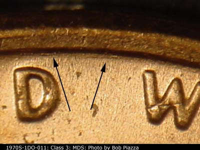 Die-stage B marker on 1970S•1DO•011 (1970 Doubled Die Obverse).