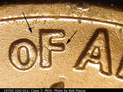 Die-stage B marker on 1970S•1DO•011 (1970 Doubled Die Obverse).