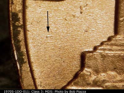 Die-stage B marker on 1970S•1DO•011 (1970 Doubled Die Obverse).