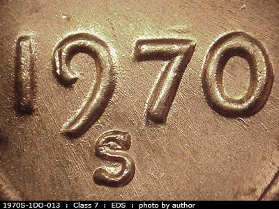 Die-stage A marker on 1970S•1DO•013 (1970 Doubled Die Obverse).