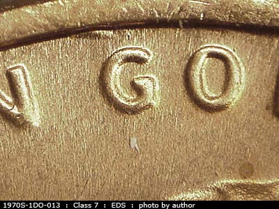 Die-stage A marker on 1970S•1DO•013 (1970 Doubled Die Obverse).