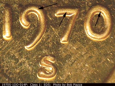 Die-stage A marker on 1970S•1DO•014P (1970 Doubled Die Obverse).