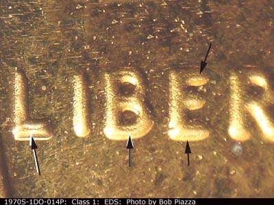 Die-stage A marker on 1970S•1DO•014P (1970 Doubled Die Obverse).