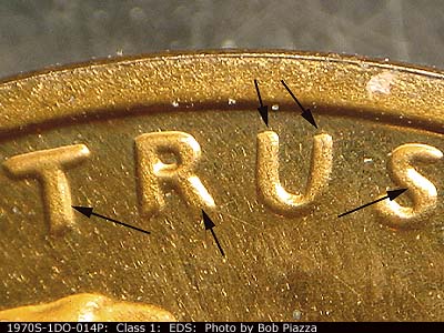 Die-stage A marker on 1970S•1DO•014P (1970 Doubled Die Obverse).