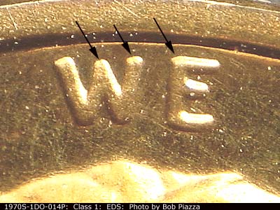 Die-stage A marker on 1970S•1DO•014P (1970 Doubled Die Obverse).