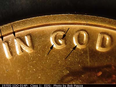 Die-stage A marker on 1970S•1DO•014P (1970 Doubled Die Obverse).