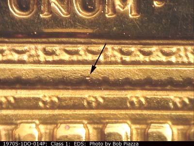 Die-stage A marker on 1970S•1DO•014P (1970 Doubled Die Obverse).