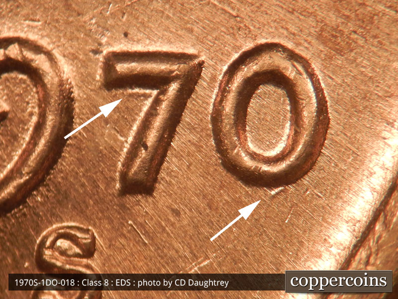 Die-stage A marker on 1970S•1DO•018 (1970 Doubled Die Obverse).
