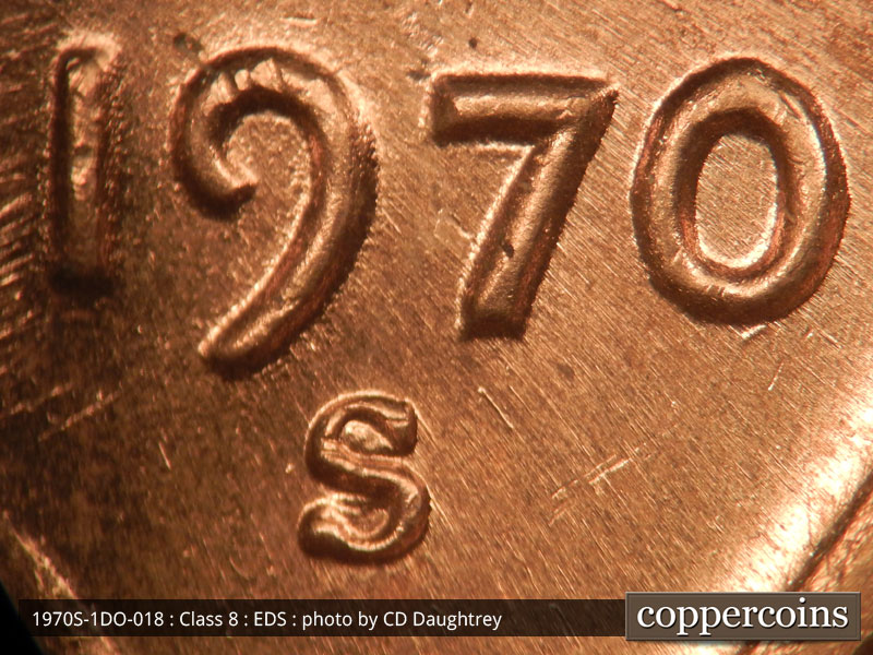Die-stage A marker on 1970S•1DO•018 (1970 Doubled Die Obverse).