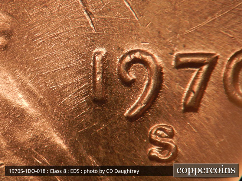 Die-stage A marker on 1970S•1DO•018 (1970 Doubled Die Obverse).