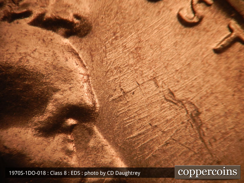 Die-stage A marker on 1970S•1DO•018 (1970 Doubled Die Obverse).