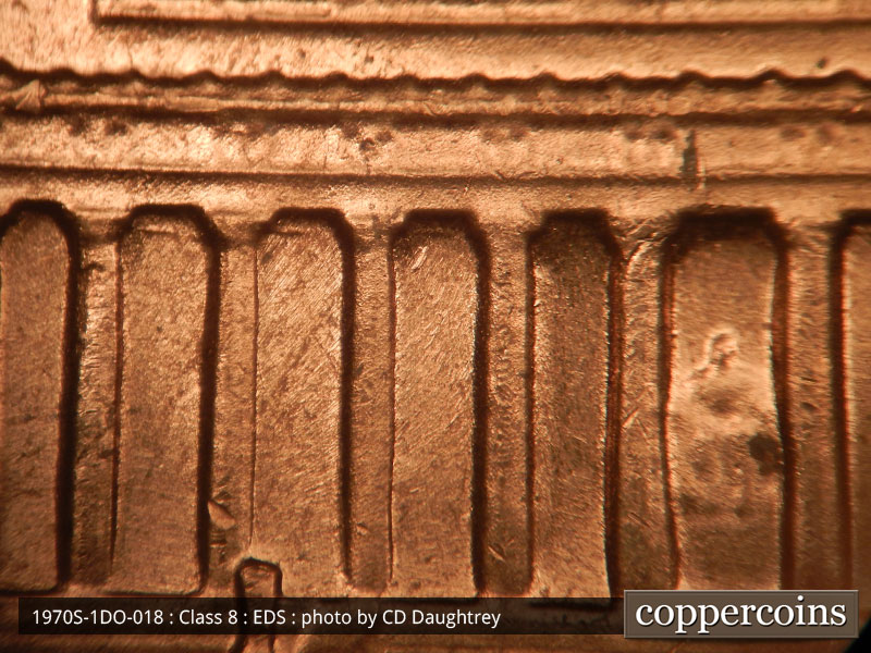 Die-stage A marker on 1970S•1DO•018 (1970 Doubled Die Obverse).