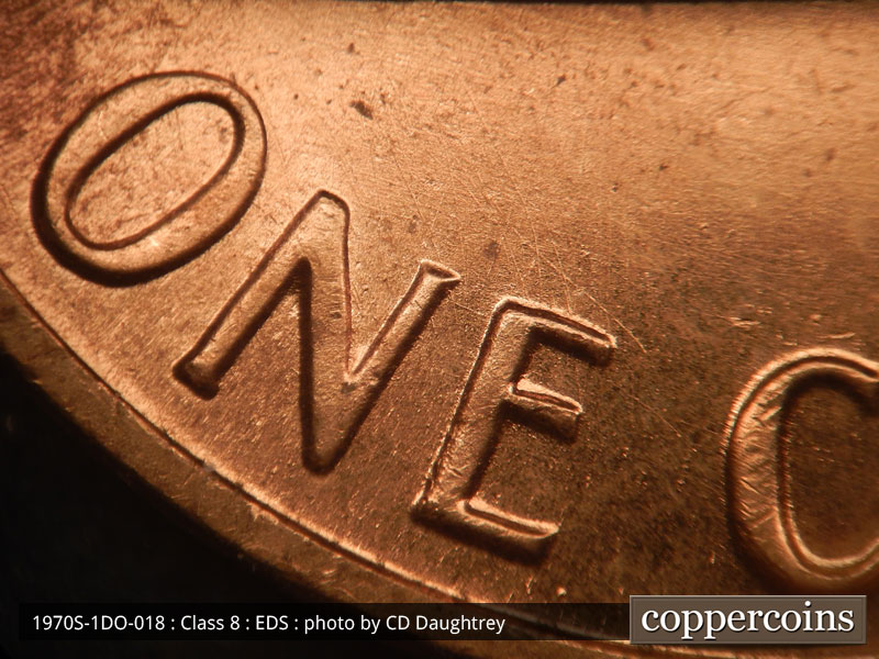 Die-stage A marker on 1970S•1DO•018 (1970 Doubled Die Obverse).