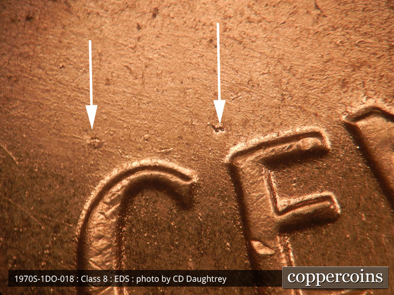 Die-stage A marker on 1970S•1DO•018 (1970 Doubled Die Obverse).