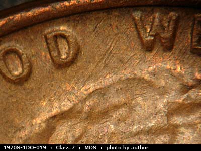 Die-stage B marker on 1970S•1DO•019 (1970 Doubled Die Obverse).