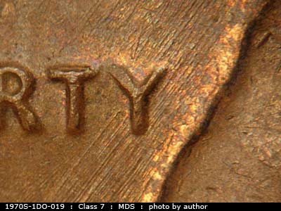 Die-stage B marker on 1970S•1DO•019 (1970 Doubled Die Obverse).