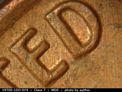Die-stage B marker on 1970S•1DO•019 (1970 Doubled Die Obverse).