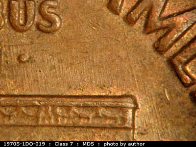 Die-stage B marker on 1970S•1DO•019 (1970 Doubled Die Obverse).