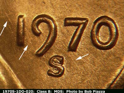 Die-stage B marker on 1970S•1DO•020 (1970 Doubled Die Obverse).