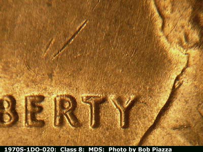 Die-stage B marker on 1970S•1DO•020 (1970 Doubled Die Obverse).