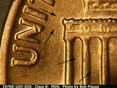 Die-stage B marker on 1970S•1DO•020 (1970 Doubled Die Obverse).