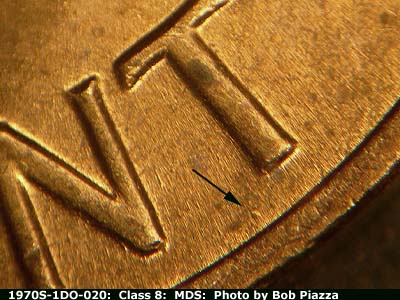 Die-stage B marker on 1970S•1DO•020 (1970 Doubled Die Obverse).