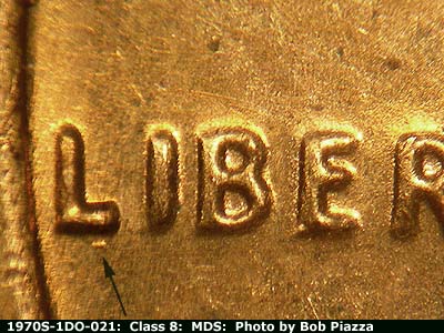 Die-stage B marker on 1970S•1DO•021 (1970 Doubled Die Obverse).