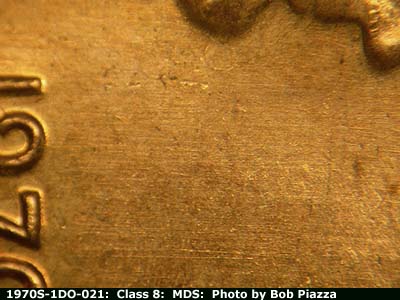 Die-stage B marker on 1970S•1DO•021 (1970 Doubled Die Obverse).