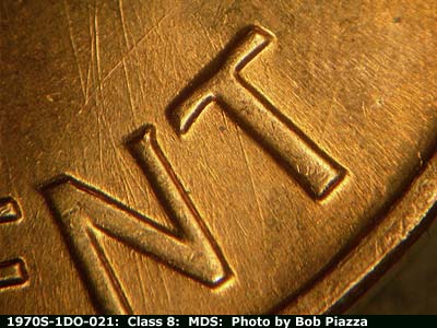 Die-stage B marker on 1970S•1DO•021 (1970 Doubled Die Obverse).