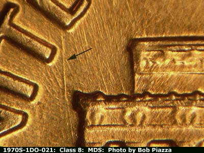 Die-stage B marker on 1970S•1DO•021 (1970 Doubled Die Obverse).