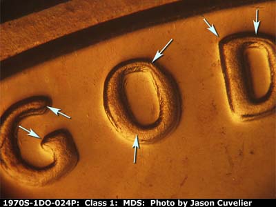 Die-stage B marker on 1970S•1DO•024P (1970 Doubled Die Obverse).