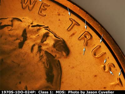 Die-stage B marker on 1970S•1DO•024P (1970 Doubled Die Obverse).