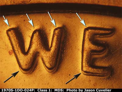 Die-stage B marker on 1970S•1DO•024P (1970 Doubled Die Obverse).