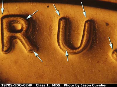 Die-stage B marker on 1970S•1DO•024P (1970 Doubled Die Obverse).