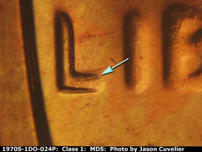 Die-stage B marker on 1970S•1DO•024P (1970 Doubled Die Obverse).