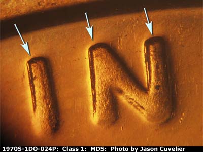 Die-stage B marker on 1970S•1DO•024P (1970 Doubled Die Obverse).