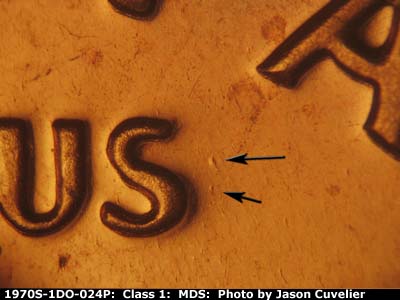 Die-stage B marker on 1970S•1DO•024P (1970 Doubled Die Obverse).