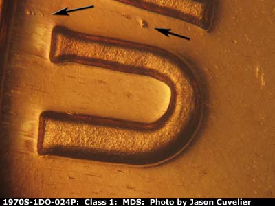 Die-stage B marker on 1970S•1DO•024P (1970 Doubled Die Obverse).