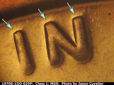 Die-stage B marker on 1970S•1DO•025P (1970 Doubled Die Obverse).