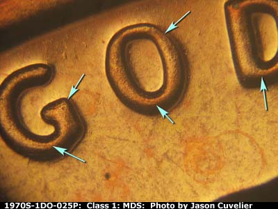 Die-stage B marker on 1970S•1DO•025P (1970 Doubled Die Obverse).