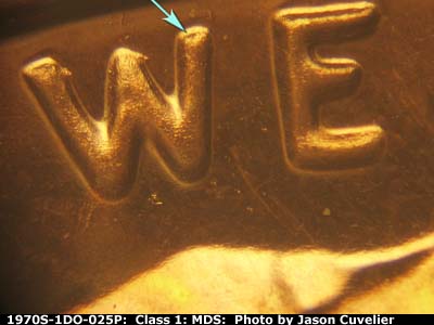 Die-stage B marker on 1970S•1DO•025P (1970 Doubled Die Obverse).
