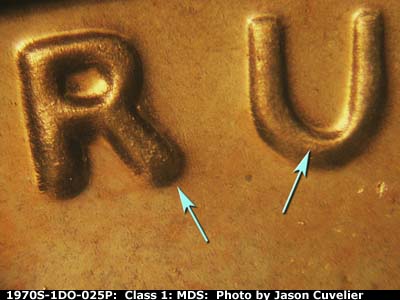 Die-stage B marker on 1970S•1DO•025P (1970 Doubled Die Obverse).