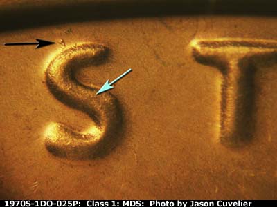 Die-stage B marker on 1970S•1DO•025P (1970 Doubled Die Obverse).