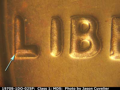 Die-stage B marker on 1970S•1DO•025P (1970 Doubled Die Obverse).