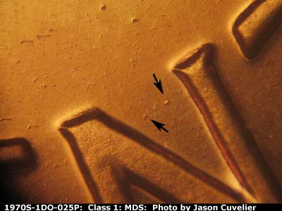 Die-stage B marker on 1970S•1DO•025P (1970 Doubled Die Obverse).
