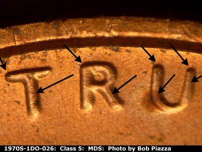 Die-stage B marker on 1970S•1DO•026 (1970 Doubled Die Obverse).