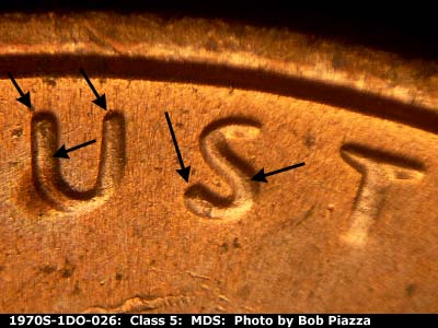 Die-stage B marker on 1970S•1DO•026 (1970 Doubled Die Obverse).