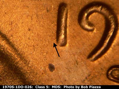 Die-stage B marker on 1970S•1DO•026 (1970 Doubled Die Obverse).