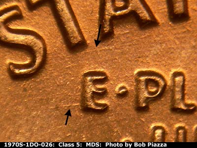 Die-stage B marker on 1970S•1DO•026 (1970 Doubled Die Obverse).